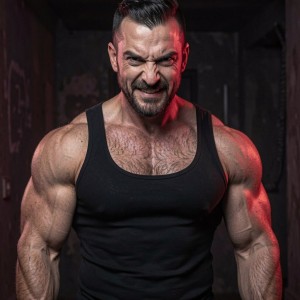 A muscular, dominant Spanish stud in his mid-30s, short dark hair with a shaved fade, intense dark eyes, thick stubble, wearing a tight black tank top that shows off his massive hairy chest and bulging biceps, smirking arrogantly at the camera with a cruel expression, standing in a dark room with dim red lighting, very detailed, realistic, masculine and intimidating.