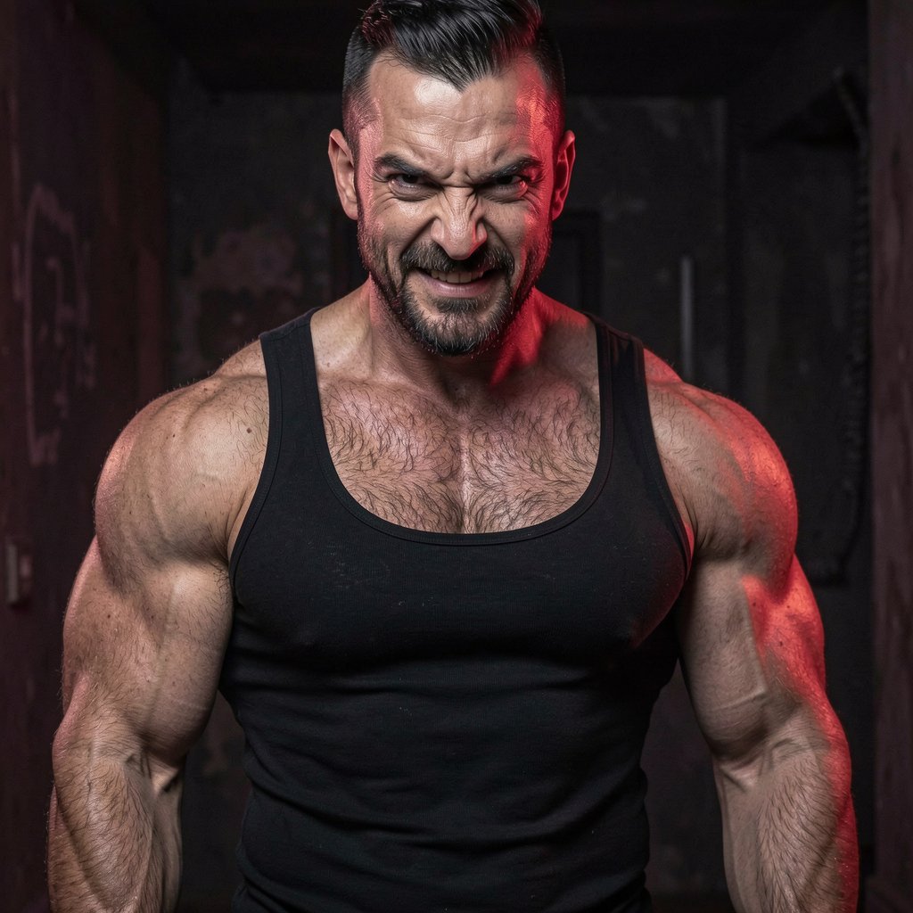 A muscular, dominant Spanish stud in his mid-30s, short dark hair with a shaved fade, intense dark eyes, thick stubble, wearing a tight black tank top that shows off his massive hairy chest and bulging biceps, smirking arrogantly at the camera with a cruel expression, standing in a dark room with dim red lighting, very detailed, realistic, masculine and intimidating.