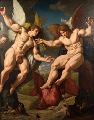 Pintura barroca. calidad fotográfica. . Siglo XVII. chicos desnudos muy fornidos y musculosos batiendo las  alas como si fueran ángeles, caen en el nefando vicio de la lujuria, aparecen desnudos con los genitales al aire, la composición tiene los colores y el aspecto de un óleo barroco