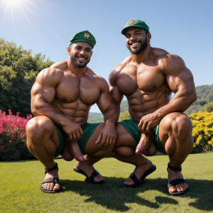 Dos hombres machos musculosos desnudos delgados muy viriles con pene grande y testículos grandes y peludos ⛓️ 🌞 🏞️. Están de pie, 🥀. Tienen sandalias verdes en sus pies. Tienen gorras blancas en sus cabezas. Enseñan sus penes erectos para estar felices. Doblan el brazo derecho y enseñan el músculo bíceps del brazo derecho. Están agachados.