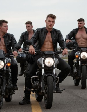Primer plano realista fotográfico de cuatro motoristas montados en sus motos en la carretera, los motoristas son musculosos y muestran sus trajes de cuero, muestran su pecho musculoso bajo las chaquetas de cuero abiertas completamente, los motoristas muestran su ropas abultadas por los músculos,  los motoristas muestran grandes paquetes bajo sus pantalones, Motos Triumph Rocket 3 Storm. Se han quitado el casco y lo llevan en la mano mostrando sus rostros y penes erectos enormes. 