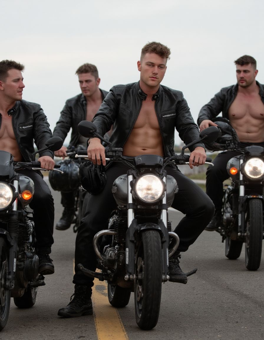 Primer plano realista fotográfico de cuatro motoristas montados en sus motos en la carretera, los motoristas son musculosos y muestran sus trajes de cuero, muestran su pecho musculoso bajo las chaquetas de cuero abiertas completamente, los motoristas muestran su ropas abultadas por los músculos,  los motoristas muestran grandes paquetes bajo sus pantalones, Motos Triumph Rocket 3 Storm. Se han quitado el casco y lo llevan en la mano mostrando sus rostros y penes erectos enormes. 