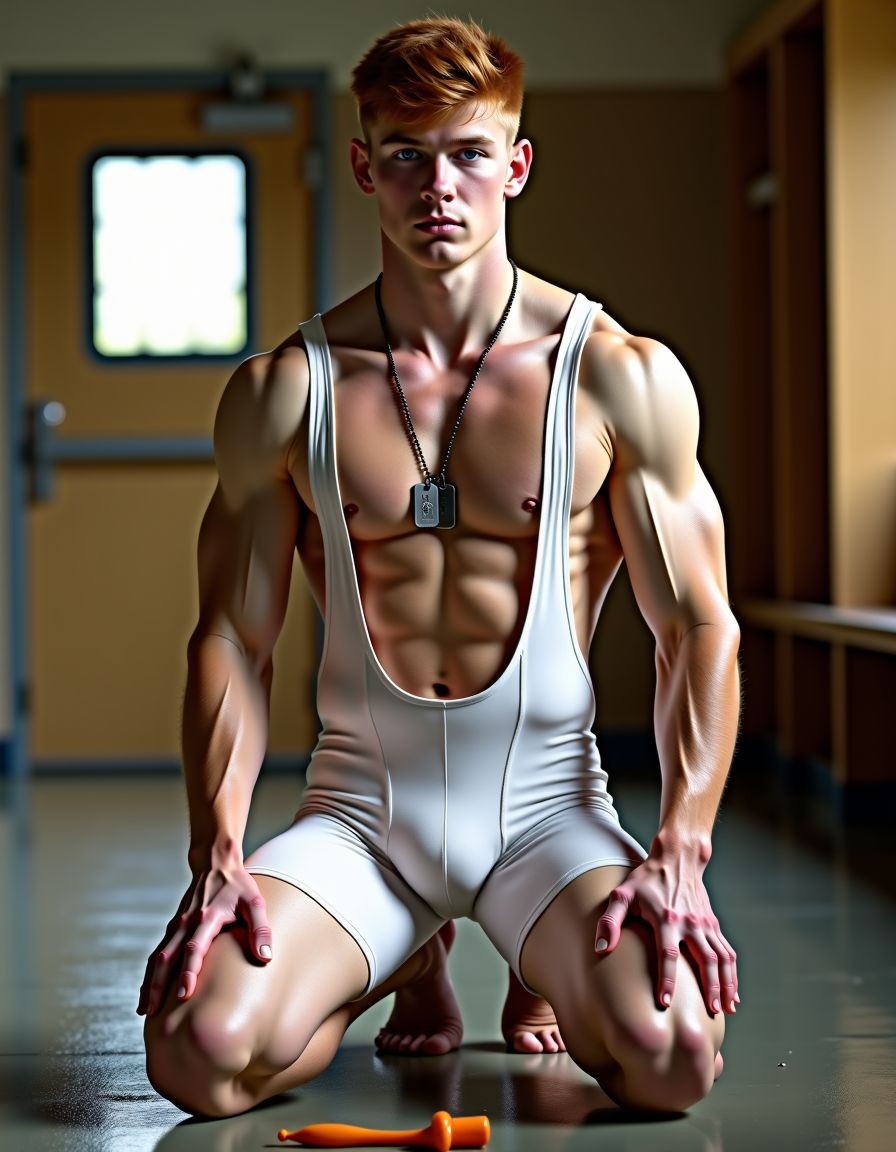 Un joven pelirrojo de complexión muy musculada posa de rodillas sobre el suelo brillante de un gimnasio o vestuario, mirando fijamente a la cámara con expresión seria e intensa. Lleva un singlet blanco muy ajustado de lucha o halterofilia, con tirantes bajos que dejan al descubierto el pecho, los hombros, los brazos marcados y el abdomen definido, además de una placa metálica colgando del cuello como una chapa militar. La iluminación lateral resalta las venas y la musculatura, creando un ambiente dramático y deportivo. Al fondo aparecen una puerta con ventana, paredes cálidas y bancos, mientras en primer plano, cerca de sus rodillas, hay un pequeño objeto naranja sobre el suelo.