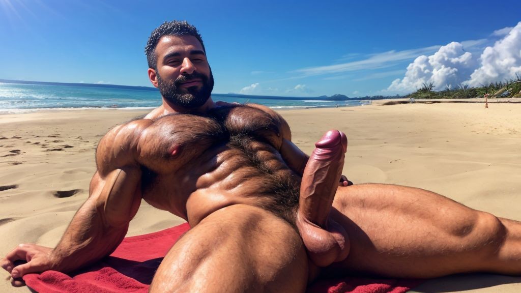 Fotografía panorámica 16:9 en ultra alta definición para imágenes 4K: hombre de 35 años de edad está acostado sobre una toalla en la playa, es delgado, músculos muy definidos y fibrosos delgado, totalmente desnudo con mucho vello por todo el cuerpo, se ven sus testículos hermosos y con mucho vello, cuerpo sudoroso y bronceado. Tiene un hermoso pene que está erecto y que es acariciado vigorosamente con los cuatro dedos de su mano derecha.