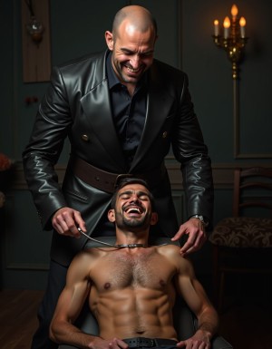 A bald man with a beard, dressed in a shiny black double-breasted leather jacket and dark shirt, smiles intensely as he leans over another man who is seated, shirtless, muscular, and with a hairy torso. The seated man appears reclined, laughing with his head tilted back, wearing a black belt or strap around his neck, while the standing man holds near his throat a thin metallic object resembling a razor or knife, creating a scene of domination, tension, and power play. The dim lighting, the lit candelabrum in the background, the dark walls, and the classic furniture create an elegant, dramatic, and theatrical atmosphere.