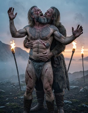 Dos vikingos de cuerpo entero, plano general, fiordo nórdico al anochecer, niebla baja densa y bruma natural, antorchas de fuego real con chispas y humo ondulante, contraluz crepuscular profundo con degradado de azul cobalto a naranja quemado, iluminación cinematográfica de tres puntos con relleno lateral cálido y clave alta, estilo visual de Robert Eggers (The Northman), fotografía analógica emulando película Kodak Vision3 500T 35mm con grano natural, hiperrealismo extremo nivel macro, calidad 8K nativa sin compresión, textura de piel con poros visibles, imperfecciones, pelos individuales, suciedad incrustada y sangre seca con textura costrosa, contraste HDR dinámico, sombras negras profundas sin pérdida de detalle, altas luces controladas sin quemado, lente anamórfica 40mm con aberración cromática mínima, profundidad de campo ultra reducida, ratio de aspecto 9:16 vertical, composición simétrica perfecta, saturación natural con tonos fríos y cálidos equilibrados, sin ruido digital, sin artefactos, sin compresión JPEG.

Amleth (Alexander Skarsgård), 29 años, 194 cm, 7% grasa corporal, cuerpo esculpido al detalle máximo, musculatura hipertrofiada y funcional, pectorales anchos con separación visible, abdominales six-pack con relieve profundo y definición quirúrgica, oblicuos marcados, cintura extremadamente estrecha acentuando la forma en V del torso, dorsal ancho desarrollado visible en la espalda, hombros desproporcionadamente anchos con deltoides redondeados, brazos en alto con bíceps en pico y tríceps en herradura, venas del antebrazo marcadas como cuerdas, antebrazos fibrosos, manos grandes y callosas, muslos poderosos con cuádriceps definidos, pantorrillas fibrosas, pies anchos con dedos sucios y uñas astilladas. Piel pálida grisácea con capas visibles de mugre, barro seco agrietado y sangre oscura incrustada en las líneas de la piel. Cicatriz grande y profunda que cruza el torso desde el hombro derecho hasta la cadera izquierda, cicatrizada en relieve, cortes menores en brazos y costillas. Tatuajes nórdicos oscuros y densos, líneas negras gruesas de símbolos rúnicos, nudos celtas y figuras geométricas cubriendo completamente el pecho, ambos hombros y la espalda visible. Vello corporal denso, oscuro y natural en pecho con concentración en el esternón y la línea alba, vello más fino en brazos y piernas. Pelo rubio sucio muy largo hasta los omóplatos, lacio, grasiento, con nudos y mechones más oscuros, parte del pelo pegado a la frente y las sienes por el sudor. Barba espesa, desigual y enmarañada, más larga en la barbilla, mezcla de rubio sucio y castaño claro con restos de comida y sangre seca. Cara angulosa, mandíbula cuadrada pronunciada, pómulos marcados, ojeras profundas. Ojos azul pálido casi grises con mirada fija, desquiciada, pupilas dilatadas, venas rojas visibles en el blanco del ojo. Labios finos, agrietados y partidos con costras de sangre. Cicatriz en el labio superior que deforma ligeramente la comisura hacia arriba. Pene erecto de 22 cm de largo, 4 cm de ancho, circuncidado, glande bulboso grande de color rosa-rojizo oscuro o violáceo, corona del glande marcada y sobresaliente, uretra visible con abertura ancha y húmeda, tronco del pene largo con venas gruesas y tortuosas recorriendo el lateral, frenillo carnoso tirante de color más claro, prepucio retraído mostrando el glande completamente expuesto, piel del tronco tirante y brillante por la erección. Vello púbico extremadamente denso, oscuro, rizado, en V invertida que sube formando una línea hasta el ombligo, mezclado con sudor. Testículos grandes, colgantes, muy asimétricos (el izquierdo más grande y más bajo), escroto arrugado, texturizado y más claro que el resto del cuerpo, con vello fino. Sandalias vikingas de cuero marrón oscuro atadas con tiras que suben hasta media pantorrilla, cuero gastado y manchado de barro.

Aurvandil (Ethan Hawke), 48 años, 190 cm, 8% grasa corporal, cuerpo musculado fibroso y envejecido de rey guerrero, piel más curtida y arrugada que Amleth, vello corporal muy abundante en pecho (espeso y canoso), brazos peludos, piernas con vello denso, aspecto masculino y brutal. Pene erecto visible, grueso, vello púbico canoso, testículos grandes. Pelo canoso largo y despeinado, barba larga descarnada y descuidada, arrugas profundas en el rostro, mirada chamánica y consumida por los años de guerra y poder.

Pose: Amleth de pie delante de Aurvandil. Aurvandil abraza a Amleth por detrás presionando su torso desnudo contra la espalda de Amleth, la piel del pecho peludo de Aurvandil aplastada contra los músculos dorsales del príncipe. Brazos de Aurvandil rodean con fuerza la cintura estrecha de Amleth, los antebrazos apoyados contra el abdomen marcado. Una mano de Aurvandil agarra firmemente el pene erecto de Amleth, los dedos rodeando el tronco, nudillos blancos por la fuerza. Aurvandil tiene la boca completamente abierta besando, mordiendo y lamiendo el cuello de Amleth, la lengua visible presionando la piel, la barba canosa hundida en el hombro y la nuca del joven, saliva brillante sobre la piel sucia. Amleth tiene la cabeza echada hacia atrás apoyada en el hombro de Aurvandil, garganta expuesta y vulnerable, brazos en alto con codos flexionados, manos abiertas, bíceps hinchados al máximo, ojos semi-cerrados con expresión de gruñido animal, boca entreabierta mostrando dientes, labio superior levantado por la cicatriz, músculos del cuello tensos, todo el cuerpo en tensión y entrega.
