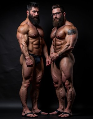 Fotografía hiperrealista de dos hombres adultos musculosos a la vista todo el cuerpo desde los pies hasta la cabeza, tienen sandalias negras en sus pies, sus cuerpos son muy delgados con músculos marcados y definidos, rostros masculinos, están totalmente desnudos, tienen pene erecto de treinta centímetros de longitud y ocho centímetros de diámetro, tienen rasgos marcados duros expresivos, barba densa poblada tupida oscura estilo hipster cubriendo completamente mandíbula mentón mejillas con grosor uniforme textura abundante muy definida, bigote denso tupido oscuro conectado perfectamente con la barba completa cubriendo completamente el labio superior, pelo oscuro medio peinado completamente recto hacia arriba con volumen considerable estilo hipster moderno quiff puntas verticales texturizadas hacia el cielo con altura prominente, cejas gruesas oscuras pobladas muy marcadas definidas, gafas de montura completa negra cuadradas grandes estilo hipster moderno sobre el puente de la nariz enmarcando unos ojos oscuros intensos que miran directamente a cámara con expresión seria penetrante confiada, expresión facial seria masculina sin sonrisa con mirada directa desafiante, pómulos marcados definidos angulares, nariz recta proporcionada, labios medios apenas visibles completamente cubiertos por bigote denso que conecta con la barba hipster completa, torso desnudo muy musculoso con pectorales enormes desarrollados y definidos, hombros anchos musculosos deltoide prominentes, brazos musculosos marcados y bien definidos con bíceps y tríceps marcados visibles a ambos lados del cuerpo, abdomen tonificado marcado visible con cintura delgada marcada, piel con textura realista detallada poros imperfecciones sutiles, vello corporal denso oscuro abundante cubriendo pectorales abdomen brazos hombros con textura natural masculina muy visible. Tiene un tatuaje en tinta negra en el bíceps del brazo derecho en tipografía negra sans-serif de tamaño mediano y proporcionado de forma clara y legible sobre la piel del bíceps del brazo derecho con las siguientes letras: hipsterbarba. Iluminación dramática lateral direccional que crea contraste alto marcado entre luces brillantes y sombras profundas resaltando la estructura facial angular la barba hipster densa las gafas cuadradas grandes el vello corporal abundante la musculatura del torso los brazos. Tiene tatuaje en el bíceps del brazo derecho de tipografía negra sans-serif de tamaño mediano y proporcionado de forma clara y legible sobre la piel del bíceps del brazo derecho con las siguientes letras: hipsterbarba. Fondo completamente oscuro negro liso uniforme desenfocado sin distracciones, fotografía analógica en color de alto contraste con grano fotográfico sutil visible estilo retrato hipster masculino fitness, enfoque nítido absoluto perfecto en el rostro especialmente en los ojos detrás de las gafas la barba hipster densa el bigote tupido el pelo vertical el vello corporal el torso con músculos muy marcados y muy definidos. Tiene un tatuaje en el bíceps del brazo derecho de tipografía negra sans-serif de tamaño mediano y proporcionado con forma clara y legible sobre la piel del bíceps del brazo derecho con las siguientes letras: hipsterbarba. Imagen con encuadre vertical desde los pies hasta la cabeza mostrando los pies desnudos las piernas peludas el pene erecto los testículos colgando con su escroto bajo todo el torso peludo los brazos musculosos peludos y la cabeza con pelo oscuro medio peinado completamente recto hacia arriba con volumen considerable estilo hipster moderno quiff puntas verticales texturizadas hacia el cielo con altura prominente, calidad fotográfica hiperrealista 8K máxima definición detalle extremo, renderizado cinematográfico fotorrealista profesional. Tiene un tatuaje en el bíceps del brazo derecho en tipografía negra sans-serif de tamaño mediano con forma clara y legible sobre la piel del bíceps del brazo derecho las siguientes letras: hipsterbarba