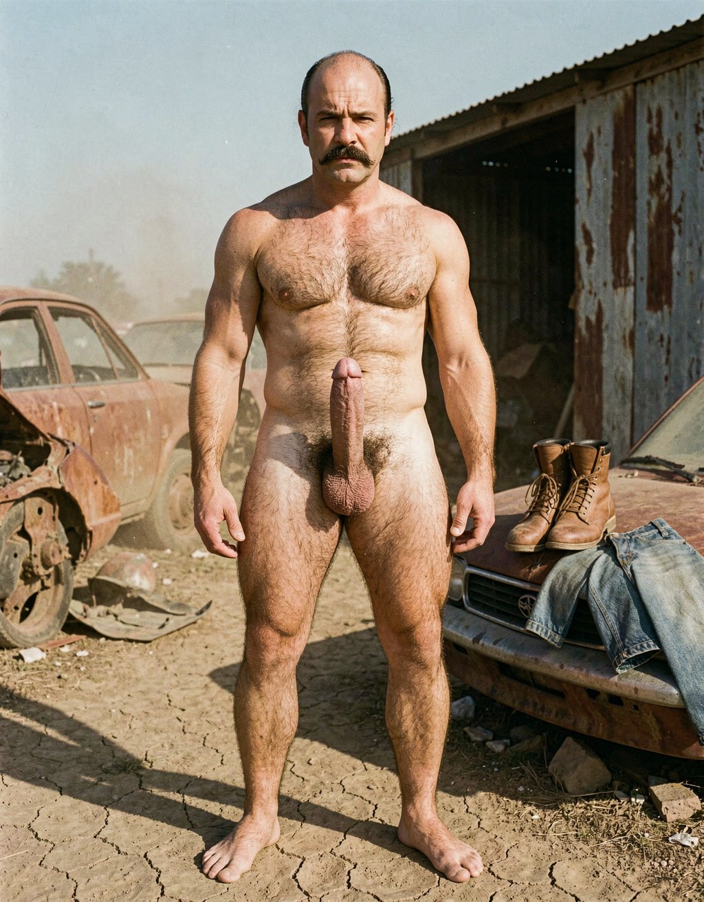 Mike Morris. A 32-year-old Mike Morris as Mr. Harris stands completely naked and barefoot in a dusty abandoned scrapyard under the harsh Texas sun, surrounded by rusted car wrecks, crushed metal piles and an old corrugated iron shed with peeling paint. His face is long, square and angular with high prominent cheekbones, a wide defined jaw, and a strong chin with a subtle dimple, his high broad forehead fully exposed under the sun with advanced Norwood III-IV baldness leaving the crown completely smooth and shiny, only short dark brown hair remaining on the sides and back. His thick dense handlebar mustache in dark brown covers his entire upper lip, his serious threatening expression with deep-set dark brown almond-shaped eyes under heavy drooping lids staring directly at the viewer. Heat haze shimmers in the background. His short thick veined neck and developed trapezius muscles connect to massive square pectorals with visible striations, six defined ab blocks, and dense dark brown body hair spreading in a T-pattern across his chest and down to his extremely dense dark brown pubic bush. His thick 24 cm erect cock stands fully engorged at 5 cm wide, pointing upward with prominent thick dorsal veins and a pink-reddish glans fully exposed, the pale shaft skin starkly contrasting with the dark pubic bush. Large low-hanging testicles hang beneath with wrinkled darker skin. His heavily muscled extremely hairy thighs and diamond-shaped calves are covered in dark brown hair. His bare size 44 EU feet are planted on the dry cracked earth. A pair of brown leather work boots and faded blue jeans lie discarded on a rusted car hood beside him, suggesting he just stripped for the scene. Golden late afternoon sunlight casts long shadows across his muscular hairy body, dust particles floating in the warm air, with a 1970s gritty film aesthetic, warm amber and ochre color palette, visible film grain, and the raw documentary-style erotic photography of classic gay porn from that era.    Evitar el error: Error: Unexpected token '<', 