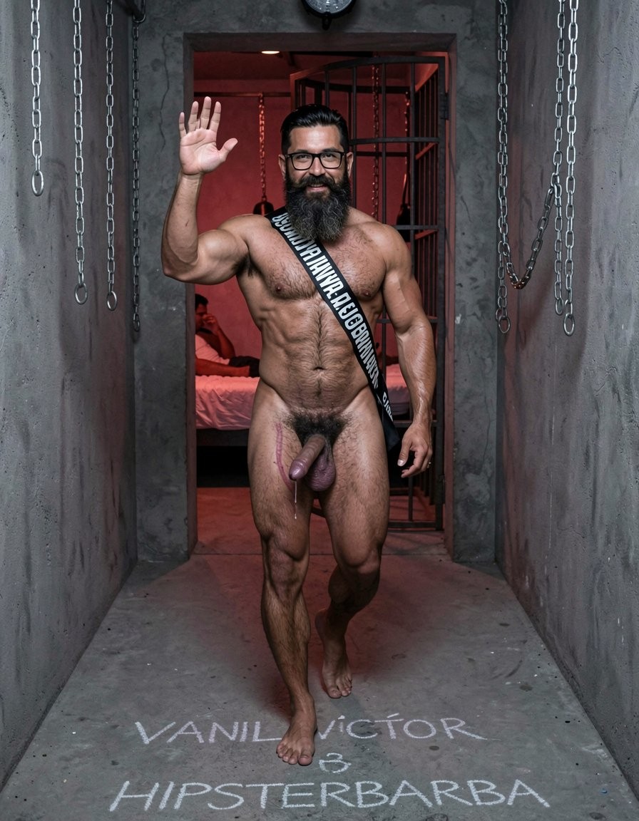 Hyperrealistic cinematic photograph inside a dark brutal dungeon corridor with rough concrete floor, hanging metal chains along the walls, dim red ambient lighting mixed with dramatic side spotlights creating hard contrasts, deep shadows and visible sweat on every muscle. Three men walking forward in a straight line toward the viewer, full body view, heading to an open doorway at the end of the corridor that reveals a red-lit room with visible bondage bed, whipping bench, hanging pulleys and a large metal cage in the corner.

Hipsterbarba walks dominant in the exact center, completely naked, 40 years old, 180cm 80kg 8% body fat, powerful muscle-bear physique covered in dense dark wet body hair on thick chest, shoulders, defined abs and heavy thighs. Very long thick Bandholz beard reaching almost to his chest, curled handlebar mustache, black glasses, hands on his waist at the start of the stride, powerful confident gait, thick heavy cock and low hanging balls swinging with each step, cold superior expression looking straight ahead.

To his right (left side of the image) walks Anil, 25 years old, extreme bodybuilder slave, completely naked, 175cm 80kg 6% body fat, massive 127cm pumped chest, perfect eight-pack, extremely wide V-taper back with fresh red whip marks, round high 90cm glutes and 70cm competition quads, completely smooth tanned skin from the neck down. Thick cock strangled at the base by a shiny metal cock ring making it purple and swollen, long strings of precum dripping from the tip with every step. Head slightly lowered in submission, arms still slightly pumped from previous flex, serious devoted expression, anus slightly open with a thin trail of semen and precum running down the inside of his left thigh.

To his left (right side of the image) walks Víctor, 25 years old, extreme bodybuilder, completely naked, 175cm 80kg 6% body fat, massive 127cm pumped chest, perfect eight-pack, wide V-taper, round high glutes and 70cm competition quads, completely smooth tanned skin. A thick black textile victory sash tightly crossed over his torso from right shoulder to left hip with large perfectly legible white capital letters in Spanish reading exactly “Esclavo de Gayon”. He walks with a slight happy smile, right hand raised in a cheerful wave, thick erect cock bouncing hard with each step, heavy balls swinging.

On the concrete floor beneath them, faint white chalk letters still visible from earlier: “HIPSTERBARBA” under the center man, “ANIL” under the man on the left side of the image, and “VÍCTOR” under the man on the right side of the image.

Raw atmosphere of total ownership and humiliation, perfect anatomy and proportions, realistic skin texture, sweat, muscle striations, visible precum trails and sharp text details. No distortions.