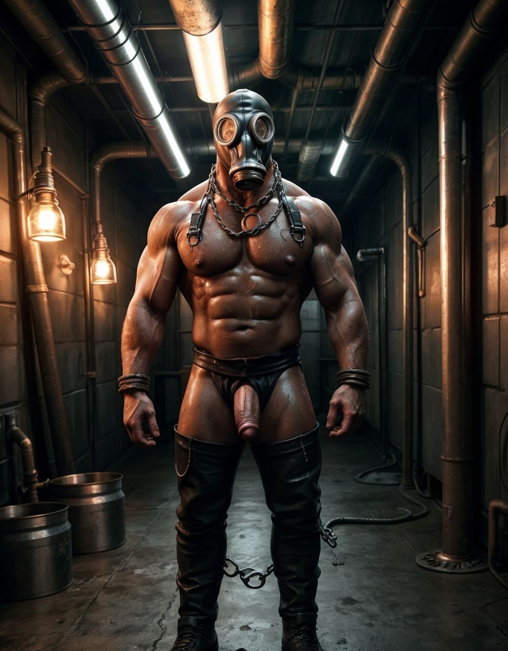 Hombre desnudo con máscara de gas, standing en una mazmorra industrial oscura, grilletes en muñecas, ropa rota, suelo de hormigón, tuberías oxidadas, atmósfera tóxica, piel sudorosa, musculoso, con pene visible, luz tenue de lámparas industriales.