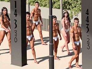 Paquetes. 
Grupo de jóvenes,  extremadamente delgados, desfilan en la piscina universitaria de Madrid con bañador blanco pequeño. 