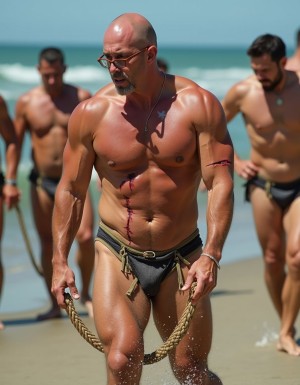 Hombre musculoso 40 años en tanga, en la playa, es calvo, con gafas, tiene varios cortes en torso y brazos. Varios chicos le azotan con látigo y cae al suelo