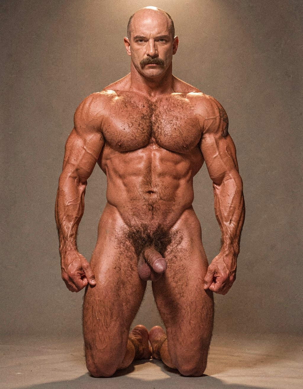 Mike Morris, the 32-year-old Caucasian bodybuilder with an athletic and extremely defined muscular physique, stands at full attention in a strict military pose, feet together, legs straight, back rigidly upright, shoulders back, chest thrust forward, arms at his sides with fists clenched, and head held high looking straight ahead with a serious, almost threatening expression. Full body shot from the tips of his toes to the top of his bald head. He is completely naked. His advanced Norwood III-IV male pattern baldness is clearly visible, with a shiny tanned scalp on top, short dark brown hair only on the sides and back. His square, angular face with strong jaw, prominent cheekbones, thick dark handlebar mustache, heavy brows, and intense deep-set brown eyes under slightly hooded lids stares forward with firm authority. His massive square pectorals are pushed out, dark brown chest hair forming a dense classic T-pattern down the sternum and spreading across his wide six-pack abs. Small dark nipples sit low on the pecs. A trail of dark hair leads to an extremely dense, thick, curly dark brown pubic bush that climbs almost to his navel. His heavy 14 cm flaccid cock hangs thick over large, low-hanging hairy testicles, the skin of the shaft noticeably lighter than his tanned body. Powerful veined forearms, developed traps flowing into delts, defined quads with visible separation, diamond-shaped calves, and hairy feet complete the figure. Warm directional studio lighting from above and slightly to the side creates sharp highlights on his oiled skin, deep shadows that accentuate every muscle fiber, the texture of his dense body hair, and the contrast between his tanned body and lighter genital area. Photorealistic, 1970s Colt Studio aesthetic, high contrast, masculine and commanding presence, grainy film texture.  ... Está de rodillas. Tiene un tanga ajustado de color naranja oscuro