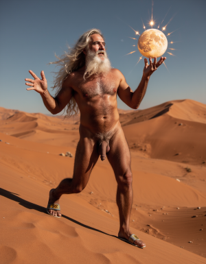 Enrique es un hombre muy delgado de 50 años, tiene cabello largo con canas blancas, tiene barba blanca abundante y larga. Está totalmente desnudo, en su mano derecha lleva una bola de 10 cm de diámetro de cristal mágica y está iluminada de donde sobresale un pene erecto y sus dos testículos, tiene la mano izquierda elevada hacia cielo señalando a la Luna. Enrique tiene un cuerpo muy delgado con músculos marcados y definidos. 💪🏼. Tiene un pene erecto de 36,8 cm de longitud y 7,9 cm de diámetro. Tiene mucho vello corporal blanco en su pecho, tiene mucho vello en sus brazos y tiene mucho vello en sus piernas. Está en la arena del desierto entre grandes dunas de arena color terracota. Tiene la piel morena bronceada por el Sol. Tiene sandalias en sus pies. Está mirando a la Luna mientras levanta la palma de la mano derecha señalando la Luna 🌓 . Tiene la boca entreabierta. Tiene la mano derecha sobre su pene y está masturbándose