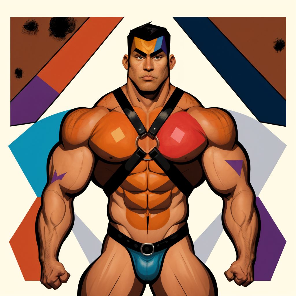 Hombre musculoso con arnés de cuero, estilo cubista, fragmentado en formas geométricas, colores vibrantes, sombras profundas, texturas rugosas, anatomía distorsionada, fondo abstracto.