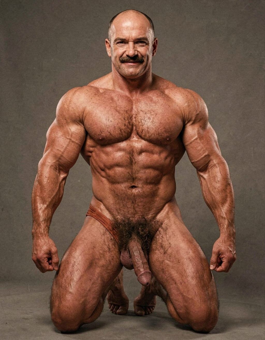 Mike Morris, the 32-year-old Caucasian bodybuilder with an athletic and extremely defined muscular physique, stands at full attention in a strict military pose, feet together, legs straight, back rigidly upright, shoulders back, chest thrust forward, arms at his sides with fists clenched, and head held high looking straight ahead with a serious, almost threatening expression. Full body shot from the tips of his toes to the top of his bald head. He is completely naked. His advanced Norwood III-IV male pattern baldness is clearly visible, with a shiny tanned scalp on top, short dark brown hair only on the sides and back. His square, angular face with strong jaw, prominent cheekbones, thick dark handlebar mustache, heavy brows, and intense deep-set brown eyes under slightly hooded lids stares forward with firm authority. His massive square pectorals are pushed out, dark brown chest hair forming a dense classic T-pattern down the sternum and spreading across his wide six-pack abs. Small dark nipples sit low on the pecs. A trail of dark hair leads to an extremely dense, thick, curly dark brown pubic bush that climbs almost to his navel. His heavy 14 cm flaccid cock hangs thick over large, low-hanging hairy testicles, the skin of the shaft noticeably lighter than his tanned body. Powerful veined forearms, developed traps flowing into delts, defined quads with visible separation, diamond-shaped calves, and hairy feet complete the figure. Warm directional studio lighting from above and slightly to the side creates sharp highlights on his oiled skin, deep shadows that accentuate every muscle fiber, the texture of his dense body hair, and the contrast between his tanned body and lighter genital area. Photorealistic, 1970s Colt Studio aesthetic, high contrast, masculine and commanding presence, grainy film texture.  ... Está de rodillas. Tiene un tanga ajustado de color naranja oscuro. Mike Morris sonríe...
