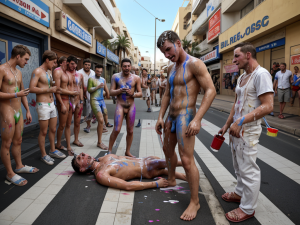 Despedida de soltero hetero, un chico joven es obligado a desnudarse y los compañeros le tiran botes de pintura encima y líquidos, también le mean, lleva el cuello un cartel de mañana me caso y se encuentra en plena calle de Benidorm en la zona de los ingleses