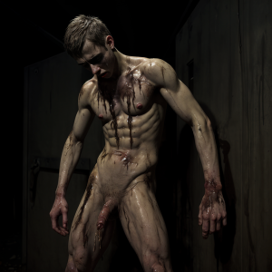 Joven desnudo con glúteos prominentes, siendo humillado en un entorno oscuro, orina y heces fecales sobre su cuerpo, expresión de sufrimiento, musculatura visible, piel sucia y manchada, atmósfera sombría y degradante.