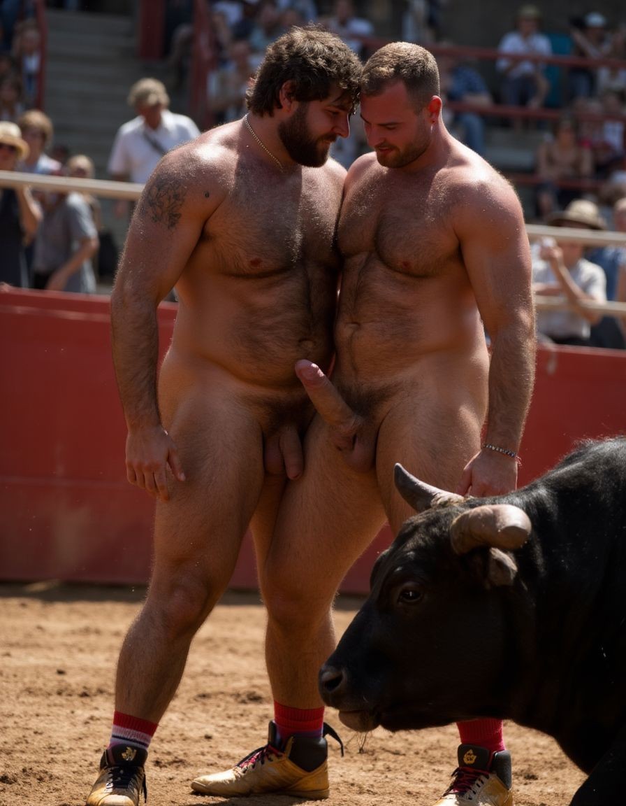 Un torero español musculoso y velludo de 50 años, con torso atlético y marcado, se muestra completamente desnudo, destacando su pene de 30 cm de longitud y 5 cm de grosor, perfectamente formado y rodeado de un denso vello púbico castaño oscuro. Sus testículos, perfectamente formados, cuelgan de forma prominente. La piel bronceada y sudorosa resalta su musculatura definida, con pectorales y abdominales bien marcados y sin grasa. El cabello largo y castaño oscuro está despeinado y sudoroso, con gotas de sudor resbalando por su frente y mejillas. Una barba incipiente y un vello corporal denso que se extiende por su pecho, piernas y brazos completan su apariencia viril. Lleva zapatillas doradas en sus pies.

A su lado, un hombre musculoso y velludo de 30 años, completamente desnudo, muestra un pene de 30 cm de longitud y 7 cm de grosor, hermoso y perfecto, rodeado de un denso vello púbico pelirrojo. Su piel bronceada y sudorosa muestra una musculatura definida, con pectorales y abdominales muy marcados. Tiene cabello pelirrojo despeinado y sudoroso. Tiene una barba pelirroja densa pero bien recortada. El vello corporal pelirrojo denso cubre su pecho, y tiene mucho vello pelirrojo en sus piernas y brazos, lo que realza su apariencia masculina y atlética. Están en la plaza de toros con un toro salvaje. Se aman

Ambos hombres se encuentran en una plaza de toros, con sombras que resaltan su musculatura y vello corporal, creando un ambiente sensual y cargado de tensión. Están en pleno acto de pasión, con sus penes erectos y testículos prominentes ,destacando su musculatura, vello corporal y atributos viriles en una imagen impactante y llena de energía. La escena está llena de sensualidad y poder, con los dos hombres como protagonistas, en un ambiente cargado de pasión y erotismo. La imagen es híper realista, con detalles de alta calidad, y muestra la unión de los dos hombres en un acto de pasión y dominio, con sus cuerpos musculosos y velludos completamente desnudos y visibles, mostrando su excitación y pasión en cada detalle. Tienen sus penes erectos. Están totalmente desnudos. Tienen un pene de 40 cm de longitud y 7 cm de diámetro. Son felices y sonríen. Amor. Se abrazan por la cintura