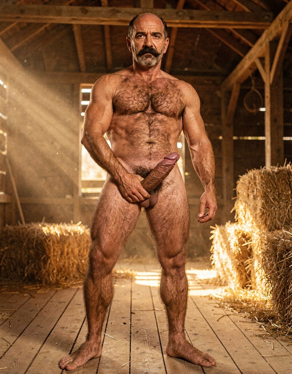 Mike Morris.    A full-body standing shot of 32-year-old Mike Morris, completely naked and barefoot, captured from ground level looking straight up in perfect perspective so every inch from the soles of his feet to the top of his head fills the frame. He stands relaxed on the wooden floorboards of an old rustic barn, surrounded by hay bales and rough wooden beams, late afternoon golden sunlight streaming in diagonally through slatted windows. His face is square and angular with a strong prominent jaw, high cheekbones, wide forehead with horizontal wrinkles, advanced Norwood III-IV balding pattern leaving only very short dark brown almost black hair on the sides and back of the head, thick bushy handlebar moustache in dark brown, intense dark brown deep-set hooded eyes, straight nose, thin lips and firm threatening expression. Thick short muscular neck and developed trapezius lead down into massive square pectorals thickly carpeted in dense dark brown chest hair forming a perfect T pattern that continues down the defined eight-pack abs, narrow waist, and into the impossibly thick wild explosion of dark brown curly pubic hair that dominates the groin. His 24 cm cock is fully erect, 5 cm thick, standing rigid and proud at an upward angle with thick prominent ropy dorsal veins snaking along the entire length, plump pink-red glands fully exposed and glistening with a single drop of pre-cum at the slit, clean circumcision scar, pale taut skin of the shaft in sharp contrast to the dense pubic bush. His right hand is firmly wrapped around the base of the cock just above the balls, fingers curled tight and thumb pressing against the thick shaft, making the veins bulge even more. Large low-hanging balls rest heavy and full beneath his fist. Thickly muscled and extremely hairy thighs and calves lead down to size 44 feet planted firmly on the wooden floor, soles slightly dusty, tops of feet and toes covered in dark brown hair. The entire body is athletic, extremely defined and suntanned golden-brown, with every muscle striated and every hair rendered in hyper-realistic detail. Dramatic side lighting from the upper left carves deep shadows that sculpt every contour of his face, chest, abs, cock, balls, thighs and feet, dust motes floating in the golden beams. Ultra high definition 8K, fine authentic 1970s film grain, warm amber ochre burnt sienna color palette, raw gritty classic Colt Studio erotic photography at its absolute peak.   Evitar el error: 