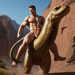 Foto hiperrealista. Chico musculoso totalmente desnudo (((mostrando su pene erecto eyaculando))) (((montando una  serpiente gigante))), con montura y riendas