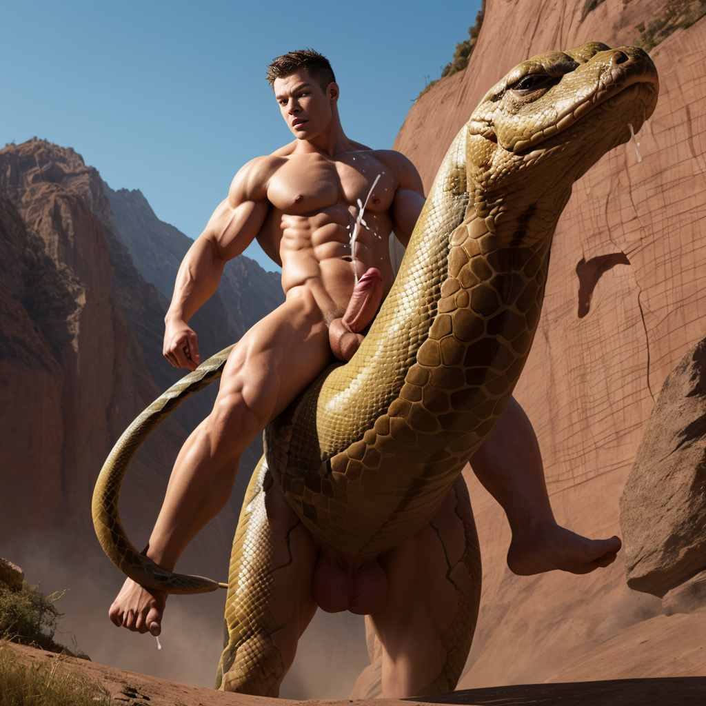 Foto hiperrealista. Chico musculoso totalmente desnudo (((mostrando su pene erecto eyaculando))) (((montando una  serpiente gigante))), con montura y riendas