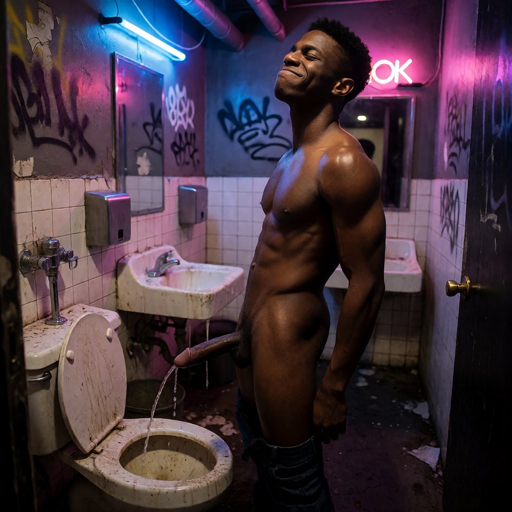A naked man with a muscular torso is standing in a dirty and deteriorated public bathroom, with his pants down to his thighs while he urinates with his penis aimed at an open and stained toilet. The scene has blue and pink neon lighting that creates a nocturnal, urban, and decadent atmosphere, with graffiti on the walls, worn white tiles, old sinks, scratched mirrors, and papers thrown on the floor. His expression is relaxed and smiling, with his head slightly tilted back, highlighting the contrast between his body shining from the light and the neglected environment of a sink, toilet, improvised urinal, and club or underground bar bathroom.