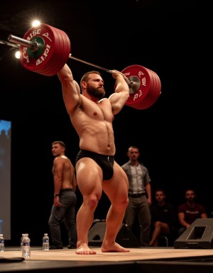búlgaro muy musculoso y barbudo en una competición de halterofilia. lleva un pequeño bañador olímpico que marca paquete mientras levanta una enorme barra con pesas de trescientos kilos