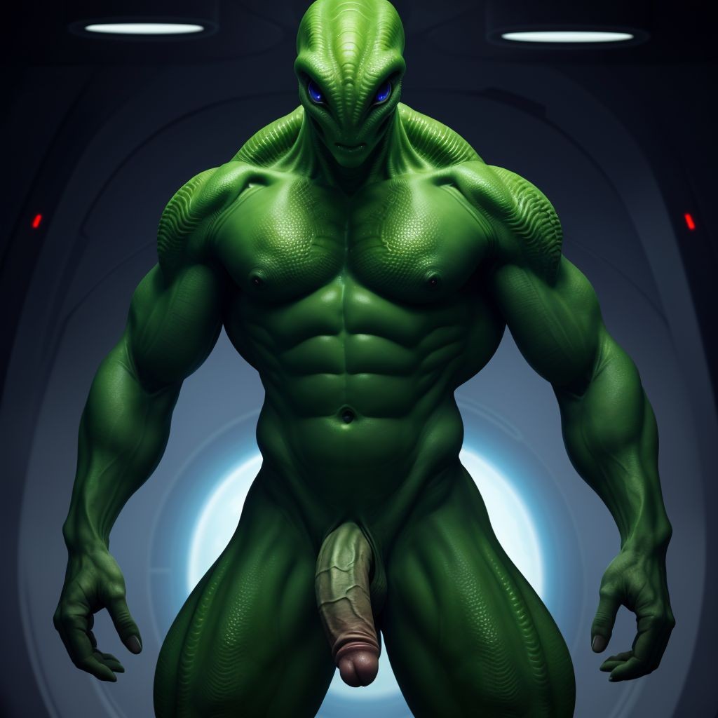 Alien del octavo pasajero, cuerpo verde y musculoso, con una verga enorme y erecta, ojos grandes y redondos, piel escamosa, posición sensual y provocativa, fondo oscuro y futurista.