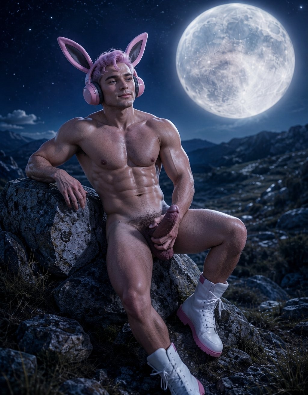 A muscular naked man poses sitting on rocks in a nighttime mountain landscape, illuminated by a huge full moon that stands out in the starry sky. He wears pink headphones with bunny ears, hair dyed in lilac tones, and white boots with pink soles, creating a fantasy, cosplay, and pin-up aesthetic. His defined torso, marked abs, strong legs, and shiny skin are exposed, with his penis visible as he rests one hand near his crotch and the other on the rock. The rocky environment, bluish light, low clouds, and distant mountains reinforce a surreal, sensual, and nocturnal atmosphere.