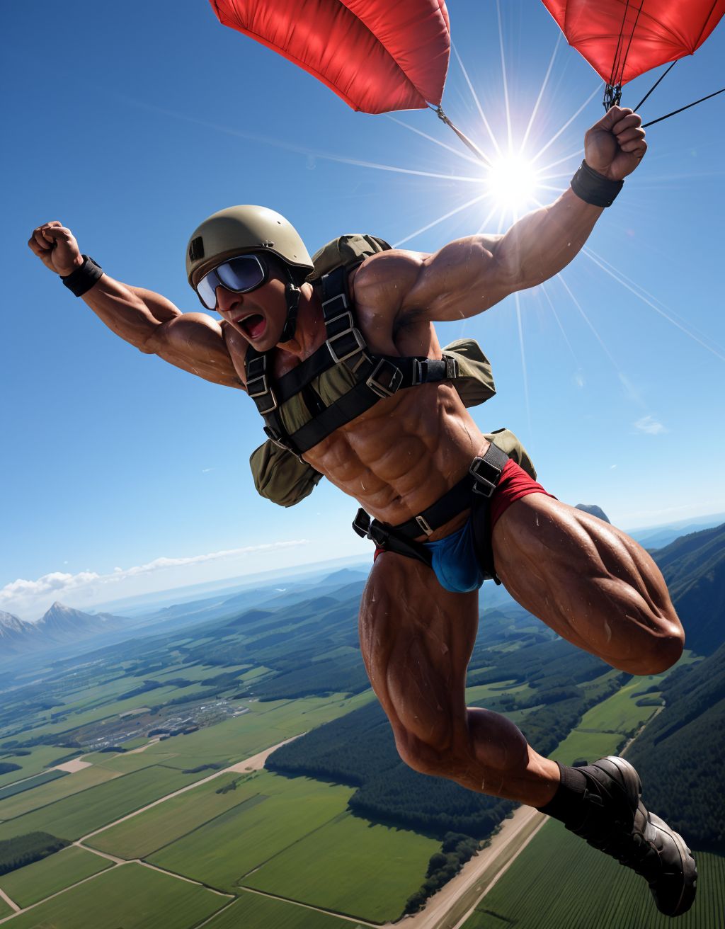 Soldado semi desnudo, pene visible, saltando en paracaídas, muscular, gafas de sol, casco, paracaídas abierto, viento en el cabello, paisaje montañoso debajo, sol brillante, expresión de adrenalina, anatomía detallada, piel realista con sudor, ropa interior desgarrada, movimiento dinámico.