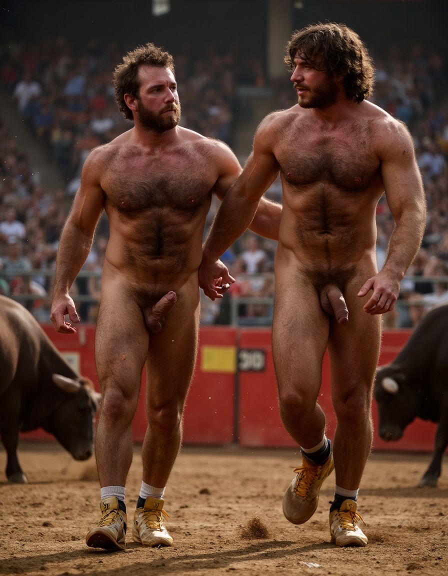 Un torero español musculoso y velludo de 50 años, con torso atlético y marcado, se muestra completamente desnudo, destacando su pene de 30 cm de longitud y 5 cm de grosor, perfectamente formado y rodeado de un denso vello púbico castaño oscuro. Sus testículos, perfectamente formados, cuelgan de forma prominente. La piel bronceada y sudorosa resalta su musculatura definida, con pectorales y abdominales bien marcados y sin grasa. El cabello largo y castaño oscuro está despeinado y sudoroso, con gotas de sudor resbalando por su frente y mejillas. Una barba incipiente y un vello corporal denso que se extiende por su pecho, piernas y brazos completan su apariencia viril. Lleva zapatillas doradas en sus pies.

A su lado, un hombre musculoso y velludo de 30 años, completamente desnudo, muestra un pene de 30 cm de longitud y 4 cm de grosor, hermoso y perfecto, rodeado de un denso vello púbico pelirrojo. Su piel bronceada y sudorosa muestra una musculatura definida, con pectorales y abdominales muy marcados. Tiene cabello pelirrojo despeinado y sudoroso. Tiene una barba pelirroja densa pero bien recortada. El vello corporal pelirrojo denso cubre su pecho, y tiene mucho vello pelirrojo en sus piernas y brazos, lo que realza su apariencia masculina y atlética. Están andando en la plaza de toros con un toro salvaje.

Ambos hombres se encuentran en una plaza de toros, con sombras que resaltan su musculatura y vello corporal, creando un ambiente sensual y cargado de tensión. Están en pleno acto de pasión, con sus penes erectos y testículos prominentes ,destacando su musculatura, vello corporal y atributos viriles en una imagen impactante y llena de energía. La escena está llena de sensualidad y poder, con los dos hombres como protagonistas, en un ambiente cargado de pasión y erotismo. La imagen es híper realista, con detalles de alta calidad, y muestra la unión de los dos hombres en un acto de pasión y dominio, con sus cuerpos musculosos y velludos completamente desnudos y visibles, mostrando su excitación y pasión en cada detalle. Tienen sus penes erectos. Están totalmente desnudos. Tiene un pene de 30 cm de longitud y 5 cm de diámetro.