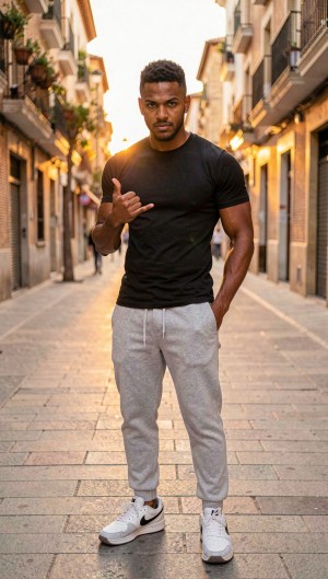 Hombre joven de complexión atlética posando de pie en una calle peatonal estrecha, con edificios y balcones a ambos lados iluminados por una luz cálida de atardecer. Lleva una camiseta negra ajustada que resalta los brazos musculosos, pantalones deportivos grises con cordón y zapatillas blancas Nike, manteniendo una mano en el bolsillo y la otra levantada en un gesto informal tipo “shaka”. Su expresión es seria y directa, mirando a la cámara con actitud segura. El fondo urbano aparece ligeramente desenfocado, con persianas metálicas, fachadas antiguas y pavimento de piedra que aportan un ambiente callejero y moderno.