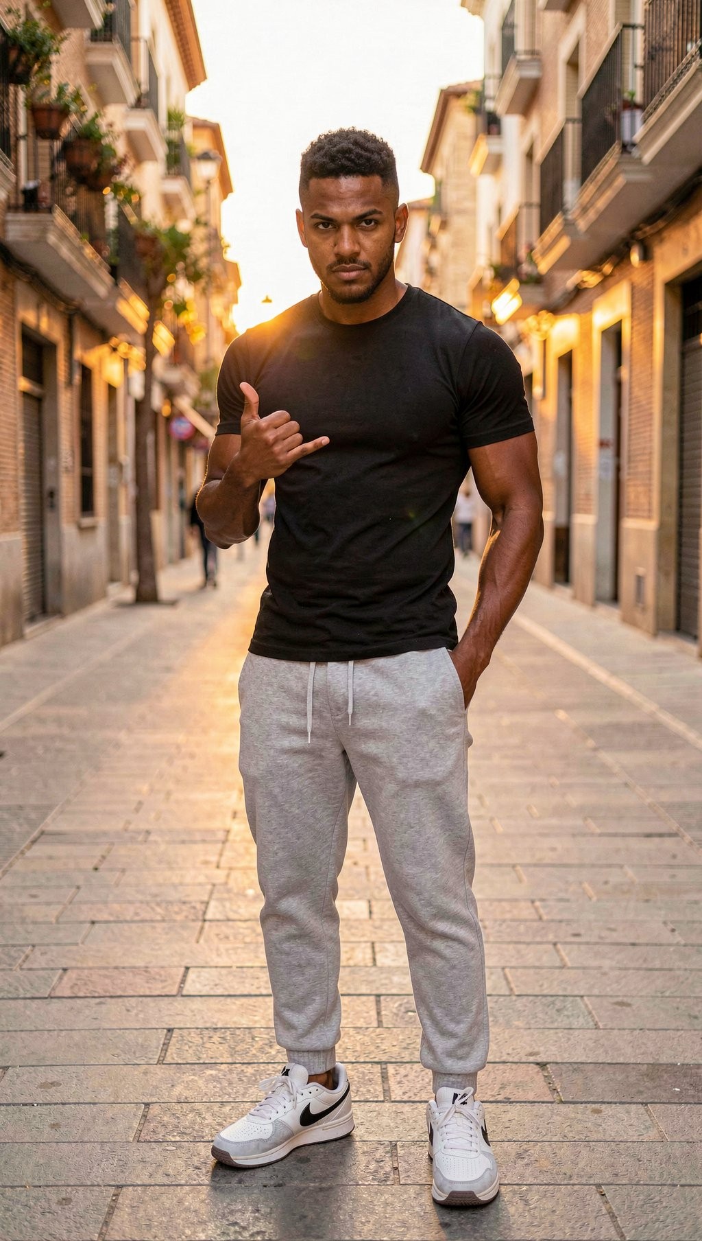 Hombre joven de complexión atlética posando de pie en una calle peatonal estrecha, con edificios y balcones a ambos lados iluminados por una luz cálida de atardecer. Lleva una camiseta negra ajustada que resalta los brazos musculosos, pantalones deportivos grises con cordón y zapatillas blancas Nike, manteniendo una mano en el bolsillo y la otra levantada en un gesto informal tipo “shaka”. Su expresión es seria y directa, mirando a la cámara con actitud segura. El fondo urbano aparece ligeramente desenfocado, con persianas metálicas, fachadas antiguas y pavimento de piedra que aportan un ambiente callejero y moderno.