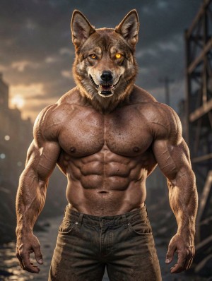 anthropomorphic human-dog hybrid, muscular male body with realistic canine features, short brown fur, erect dog ears, expressive snout, sharp teeth, glowing amber eyes, athletic stance, detailed anatomy, natural skin and fur textures, dramatic cinematic lighting, high detail, photorealistic, 8k --ar 3:4 --stylize 250 --q 2