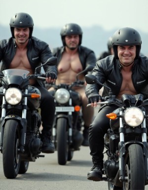 Primer plano realista fotográfico de cuatro motoristas montados en sus motos en la carretera, los motoristas son musculosos y muestran sus trajes de cuero, muestran su pecho musculoso bajo las chaquetas de cuero abiertas completamente, los motoristas muestran su ropas abultadas por los músculos,  los motoristas muestran grandes paquetes bajo sus pantalones, Motos Triumph Rocket 3 Storm. Se han quitado el casco y lo llevan en la mano mostrando sus rostros y penes erectos enormes. 