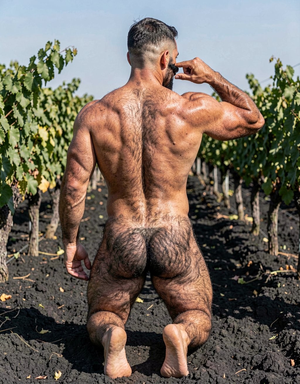 Un hombre desnudo y musculoso aparece de espaldas, arrodillado sobre la tierra oscura entre hileras de viñedos, bajo una luz intensa de exterior. Su cuerpo velludo destaca por la espalda ancha, los hombros definidos, los brazos fuertes y las piernas robustas, mientras flexiona el brazo derecho en un gesto de pose atlética. Las nalgas quedan completamente visibles, cubiertas de vello, y la piel bronceada resalta frente al suelo volcánico o muy negro del campo. A ambos lados se extienden las cepas verdes cargadas de hojas, creando un entorno rural de viña, naturaleza, sol y cultivo agrícola, con una composición centrada en la figura corporal masculina y su físico trabajado.