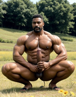 Hombre de  50 años, moreno, desnudo, delgado, con pene erecto, testículos visibles son grandes y están velludos, pecho y brazos velludos, cara delgada, cabello rubio, mostrando trasero perfecto, muy atractivo y viril, cuerpo completo. Lleva sandalias en sus pies. Está parado en el campo. Su cara tiene mentón grande y con hoyete. Hombre culturista, músculos muy definidos. Está inclinado hacia adelante para enseñar sus músculos definidos. Tienes grandes huevos y peludos. Tiene bigote. Está de perfil enseñando los testículos. Masturbación y eyaculación: 7