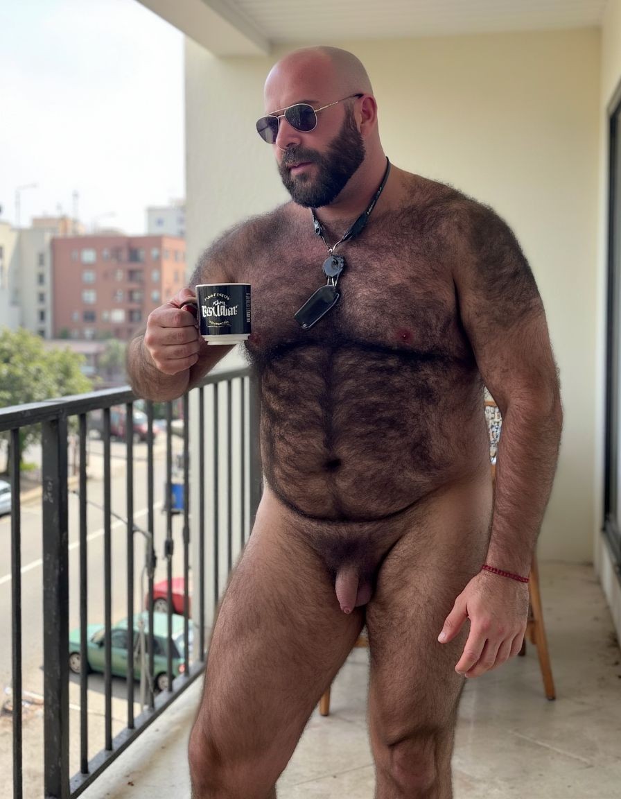 Hombre desnudo y corpulento en un balcón urbano, con la cabeza rapada, barba oscura y gafas de sol tipo aviador, posando de pie mientras sostiene una taza negra con una mano. Su cuerpo velludo muestra abundante pelo en el pecho, abdomen, brazos y piernas, con el pene visible entre los muslos, en una postura relajada y segura. Lleva un collar negro con colgantes alrededor del cuello y una pulsera roja en la muñeca. Al fondo aparecen la barandilla metálica del balcón, edificios residenciales, árboles, coches aparcados y una calle desenfocada bajo luz natural diurna.