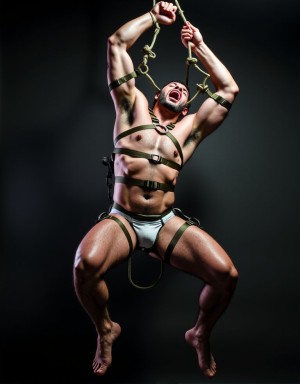 Un hombre musculoso de unos 30 años, con el torso y las piernas cubiertos de nudos y cuerdas, suspendido en el aire mientras cuelga del techo, con las manos atadas a la espalda y los pies unidos por una cuerda gruesa, su cuerpo se estira hacia arriba en una posición extrema, con la cabeza hacia atrás y la boca abierta en un grito silencioso, su pecho y abdomen están marcados por las cuerdas que se cruzan y se entrelazan, formando un patrón complejo de bondage, su ropa interior ha sido arrancada, dejando su cuerpo completamente desnudo, con su miembro viril colgando flácido, mientras que sus testículos están tensos y prominentes, el fondo es oscuro y sombrío, con luces tenues que resaltan los detalles de su cuerpo atado, la escena es hiperrealista, con texturas y sombras que realzan la sensación de tensión y vulnerabilidad, el estilo es de una fotografía de alta calidad, con un enfoque en la desnudez y la exposición del cuerpo atado.