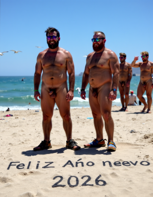 Día de Año Nuevo 2026. Dos hombres llamados Juan y Pedro, tienen sandalias pero están totalmente desnudos. 

Juan es un hombre de 50 años de edad, muy atlético y tiene sus músculos muy definidos y es muy peludo, está totalmente desnudo, tiene un pene largo erecto de 36cm de longitud y 9cm de diámetro, tiene cabello negro largo ondulado y desordenado, tiene mucho vello pectoral, tiene piernas masculinas con abundante vello, tiene brazos peludos,  su cara tiene forma cuadrada tiene mentón prominente con hoyuelo muy pronunciado y muy masculino, su barba está bien afeitada y su cara está muy limpia resaltando sus facciones masculinas. 

Pedro es un hombre de 58 años de edad con músculos marcados sin grasa, está totalmente desnudo, tiene un pene largo de 39 cm de longitud y 9 cm de diámetro, tiene cabello pelirrojo rizado abundante y largo de color rojo, tiene abundante vello pelirrojo pectoral de color rojo oscuro en abundancia, tiene piernas masculinas con mucho vello, tiene brazos peludos y muy masculinos. Pedro tiene presencia atlética y es muy peludo, mucho pelo por todo su cuerpo. 

Pedro y Juan enseñan sus músculos muy marcados y bien definidos, están de pie en la arena de la playa con olas azules y con la luz del Sol reflejándose los sobre el agua del mar mientras vuelan dos gaviotas. En la arena de la playa está trazado el texto: 