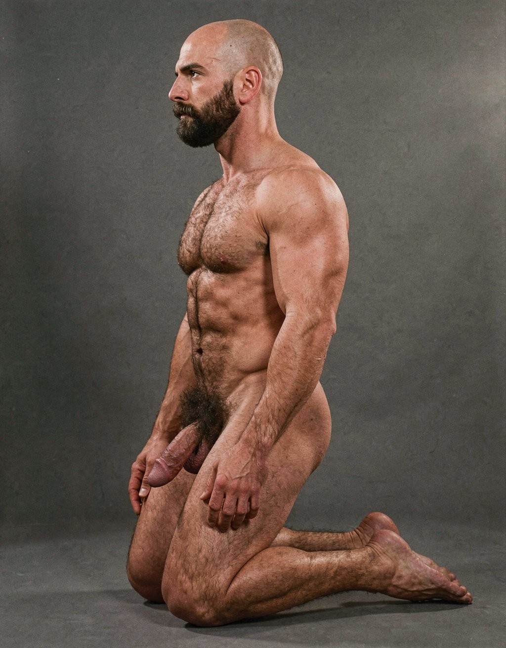 Hombre desnudo arrodillado de perfil sobre un suelo de estudio gris, con la espalda erguida, la cabeza afeitada y una barba poblada que acentúa su expresión seria y contemplativa mientras mira hacia la izquierda. Su físico musculoso está muy definido, con pecho velludo, abdominales marcados, brazos fuertes y venas visibles, iluminado con luz suave que resalta la textura de la piel y el vello corporal. La postura sobre las rodillas deja visibles las piernas flexionadas, los pies apoyados hacia atrás y el pene en reposo entre los muslos, dentro de una composición sobria, minimalista y artística de desnudo masculino contra un fondo neutro.