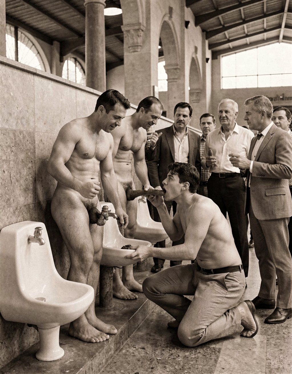 Imagen hiperrealista en sepia. Madrid, 1985. Dentro del edificio la estación autobuses hay unos grandes urinarios de loza de pedestal, varios hombres casados orinan mostrando sus penes erectos visibles, un chico joven se acerca y mira con lascivia, el chico está arrodillado y practica una felación a uno de los hombres que orinan. Alrededor varios curiosos observan la escena.
