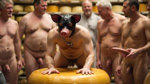 Chico joven de 21 añosdesnudo delgado a cuatro patas sobre un queso enorme con una mascara de cerdo de cuero, un collar de cuero al cuello y pinzas con cadenita colgando de los pezones, rodeado de un grupo de hombres maduros desnudos con barriga y pollas grandes y gruesas en ereccion que sostienen en sus manos salchichas rojas largos y gruesos. La escena transcurre en una tienda de quesos. Al fondo una mujer se rie mirando la escena transcurre en 