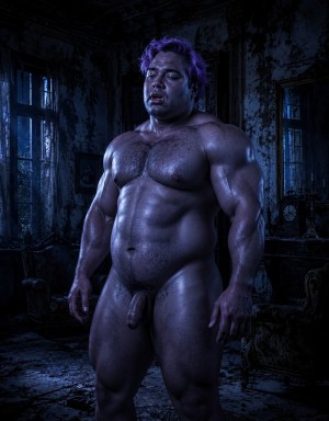 A naked man with a very muscular and bulky build stands in a dark, abandoned, and deteriorated room, with peeling walls, tall windows, and antique furniture barely visible among bluish shadows. His skin appears tinted by cold lighting in violet and dark blue tones, highlighting the broad torso, strong arms, prominent abdomen, powerful thighs, and body hair on the chest and pubis. He has short purple hair, a serious and tired expression, half-closed eyes, and a slightly open mouth. The penis hangs flaccid between his legs, visible from the front, while the gothic, damp, and decadent atmosphere reinforces a gloomy, fantastical, and almost monstrous aesthetic.