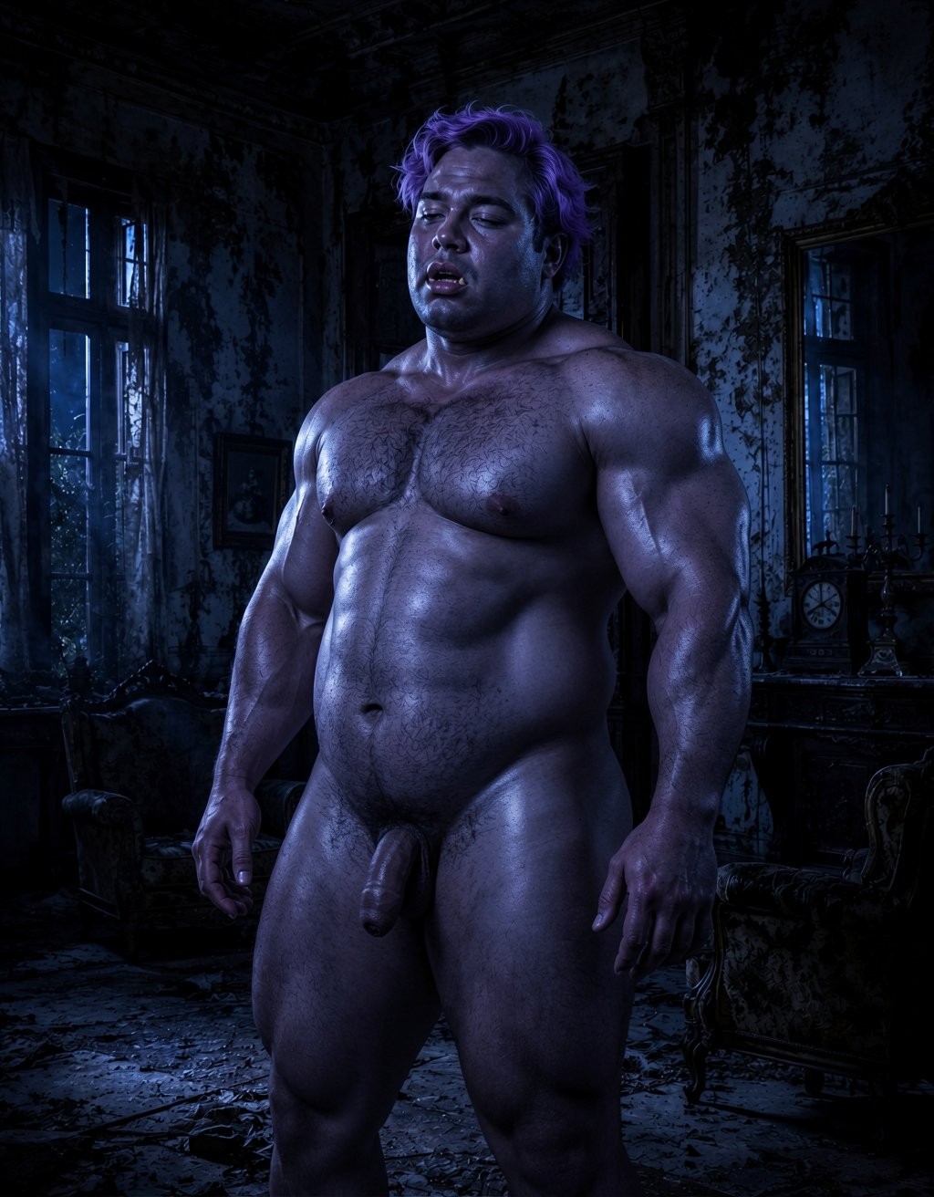 A naked man with a very muscular and bulky build stands in a dark, abandoned, and deteriorated room, with peeling walls, tall windows, and antique furniture barely visible among bluish shadows. His skin appears tinted by cold lighting in violet and dark blue tones, highlighting the broad torso, strong arms, prominent abdomen, powerful thighs, and body hair on the chest and pubis. He has short purple hair, a serious and tired expression, half-closed eyes, and a slightly open mouth. The penis hangs flaccid between his legs, visible from the front, while the gothic, damp, and decadent atmosphere reinforces a gloomy, fantastical, and almost monstrous aesthetic.