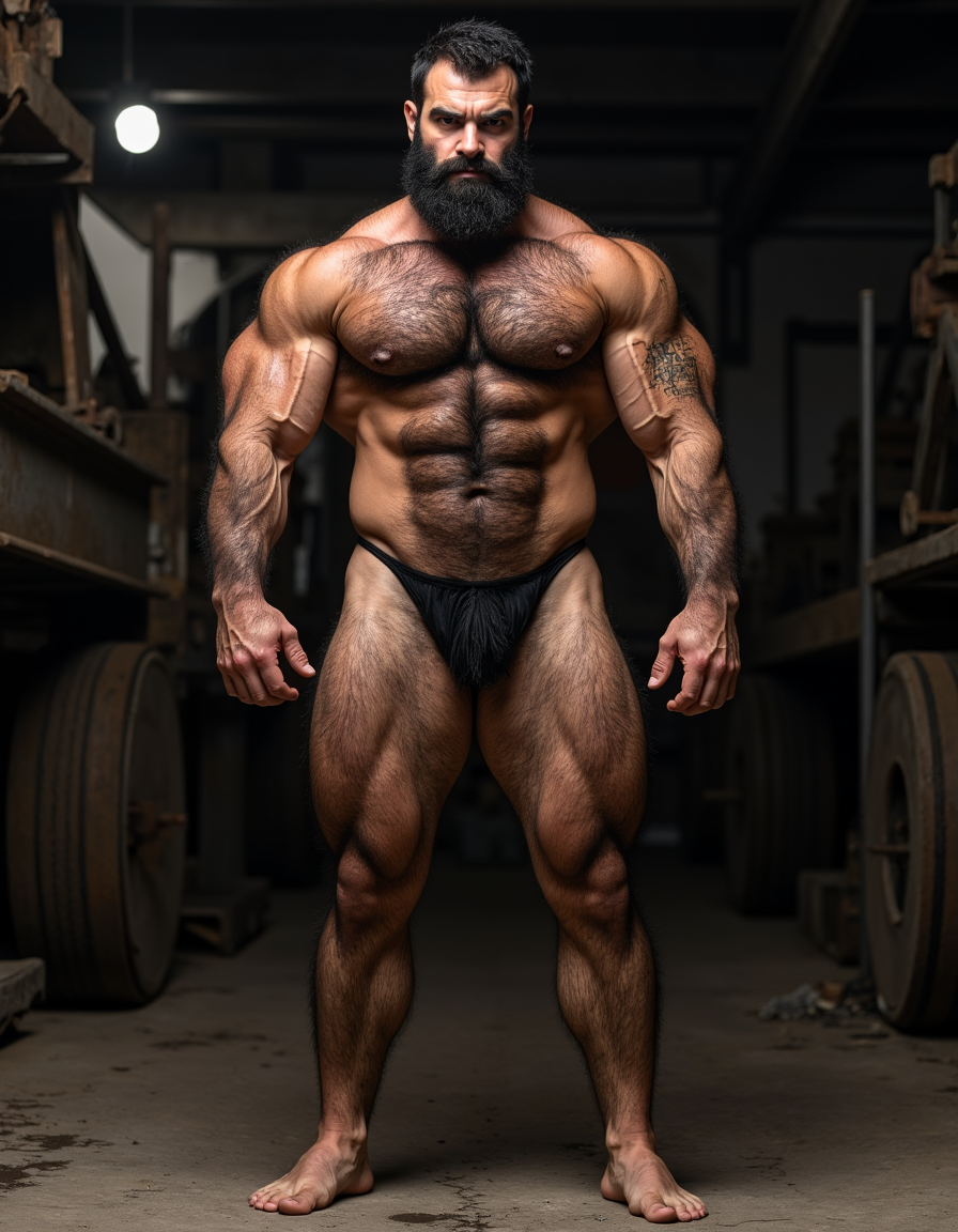 Hombre de 35 años, cuerpo completo de pies a cabeza, pose frontal de pie, rostro rudo con mandíbula cuadrada y ceño fruncido, barba negra descuidada de varios días, nariz ancha, cicatriz pequeña en la ceja izquierda, mirada intimidante, pelo negro corto y despeinado, cuello grueso con tendones marcados, hombros anchos y trapecios abultados, pectorales enormes y duros con sombras profundas bajo cada músculo, pezones oscuros rodeados de vello negro denso, vello negro abundante cubriendo todo el pecho extendiéndose hacia el abdomen, abdominales definidos con seis bloques marcados y venas visibles, línea de vello negro desde el ombligo bajando, oblicuos duros con sombras que acentúan cada fibra muscular, brazos gruesos con bíceps y tríceps hinchados, venas prominentes en los antebrazos, vello negro espeso en antebrazos y dorso de las manos, manos grandes con nudillos anchos y dedos gruesos, piel con suciedad natural como grasa de trabajo o tierra en pecho brazos y piernas, manchas de mugre en los antebrazos y marcas de sudor seco, muslos enormes con cuádriceps separados y definidos cubiertos de vello negro abundante, pantorrillas duras y abultadas con vello oscuro, pies descalzos plantados en suelo de hormigón, iluminación lateral dura que proyecta sombras profundas en cada grupo muscular resaltando la masa y la fuerza bruta, ambiente de taller mecánico o nave industrial abandonada, atmósfera cruda y masculina, fotografía hiperrealista, textura de piel visible con poros y imperfecciones.