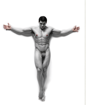 Hombre musculoso en blanco y negro con brazos en cruz