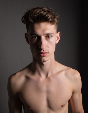 Retrato vertical de un hombre joven sin camiseta, con el torso desnudo visible desde los hombros hasta parte del pecho, clavículas marcadas y complexión delgada y definida. Tiene el pelo castaño ondulado peinado con volumen, rostro alargado, piel clara, labios cerrados y una expresión seria y directa mientras mira fijamente a la cámara. La iluminación lateral crea un fuerte contraste de luces y sombras sobre la cara, el cuello y el pecho, dando un aspecto dramático y de estudio fotográfico. El fondo oscuro y neutro, ligeramente degradado, centra toda la atención en su mirada, sus rasgos faciales y la anatomía del torso.