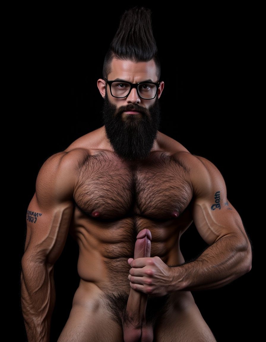 Fotografía hiperrealista de un hombre adulto musculoso a la vista desde los pies hasta la cabeza, tiene cuerpo muy delgado con músculos marcados y definidos, rostro masculino, está totalmente desnudo con polla erecta de treinta centímetros de longitud y ocho centímetros de diámetro, tiene rasgos marcados duros expresivos, barba densa poblada tupida oscura estilo hipster cubriendo completamente mandíbula mentón mejillas con grosor uniforme textura abundante muy definida, bigote denso tupido oscuro conectado perfectamente con la barba completa cubriendo completamente el labio superior, pelo oscuro medio peinado completamente recto hacia arriba con volumen considerable estilo hipster moderno quiff puntas verticales texturizadas hacia el cielo con altura prominente, cejas gruesas oscuras pobladas muy marcadas definidas, gafas de montura completa negra cuadradas grandes estilo hipster moderno sobre el puente de la nariz enmarcando unos ojos oscuros intensos que miran directamente a cámara con expresión seria penetrante confiada, expresión facial seria masculina sin sonrisa con mirada directa desafiante, pómulos marcados definidos angulares, nariz recta proporcionada, labios medios apenas visibles completamente cubiertos por bigote denso que conecta con la barba hipster completa, torso desnudo muy musculoso con pectorales enormes desarrollados y definidos, hombros anchos musculosos deltoide prominentes, brazos musculosos marcados y bien definidos con bíceps y tríceps marcados visibles a ambos lados del cuerpo, abdomen tonificado marcado visible con cintura delgada marcada, piel con textura realista detallada poros imperfecciones sutiles, vello corporal denso oscuro abundante cubriendo pectorales abdomen brazos hombros con textura natural masculina muy visible. Tiene un  tatuaje en tinta negra en el bíceps del brazo derecho en tipografía negra sans-serif de tamaño mediano y proporcionado de forma clara y legible sobre la piel del bíceps del brazo derecho con las siguientes letras: hipsterbarba. Iluminación dramática lateral direccional que crea contraste alto marcado entre luces brillantes y sombras profundas resaltando la estructura facial angular la barba hipster densa las gafas cuadradas grandes el vello corporal abundante la musculatura del torso los brazos.  Tiene un  tatuaje en tinta negra en el bíceps del brazo derecho en tipografía negra sans-serif de tamaño mediano y proporcionado de forma clara y legible sobre la piel del bíceps del brazo derecho con las siguientes letras: hipsterbarba. Fondo completamente oscuro negro liso uniforme desenfocado sin distracciones, fotografía analógica en color de alto contraste con grano fotográfico sutil visible estilo retrato hipster masculino fitness, enfoque nítido absoluto perfecto en el rostro especialmente en los ojos detrás de las gafas la barba hipster densa el bigote tupido el pelo vertical el vello corporal el torso con músculos muy marcados y muy definidos. Tiene un  tatuaje en tinta negra en el bíceps del brazo derecho en tipografía negra sans-serif de tamaño mediano y proporcionado de forma clara y legible sobre la piel del bíceps del brazo derecho con las siguientes letras: hipsterbarba. Imagen con encuadre vertical desde los pies hasta la cabeza mostrando los pies desnudos las piernas peludas el pene erecto los testículos colgando con su escroto bajo todo el torso peludo los brazos musculosos peludos y la cabeza con pelo oscuro medio peinado completamente recto hacia arriba con volumen considerable estilo hipster moderno quiff puntas verticales texturizadas hacia el cielo con altura prominente, calidad fotográfica hiperrealista 8K máxima definición detalle extremo, renderizado cinematográfico fotorrealista profesional. Tiene un  tatuaje de tinta negra en el bíceps del brazo derecho en tipografía negra sans-serif de tamaño mediano de forma clara y legible sobre la piel del bíceps del brazo derecho con las siguientes letras: hipsterbarba